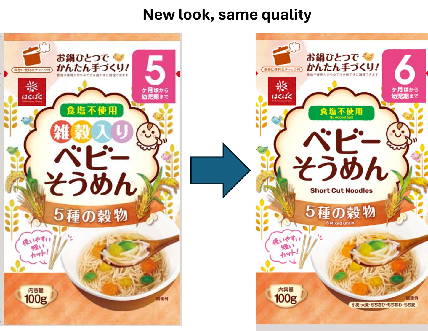HAKUBAKU Baby Somen Noodles with 5 Grains 100g x 2 bags. Made in Japan Convenient resealable zippered, self-standing pouch Microwavable, Convenient One pan cooking