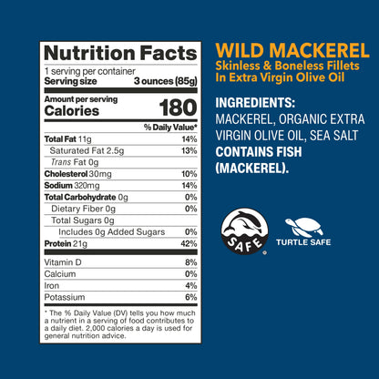 Wild Planet Wild Mackerel Fillets in Organic Extra Virgin Olive Oil, Skinless & Boneless, Tinned Fish, 4.4 Ounce ( Pack of 12)