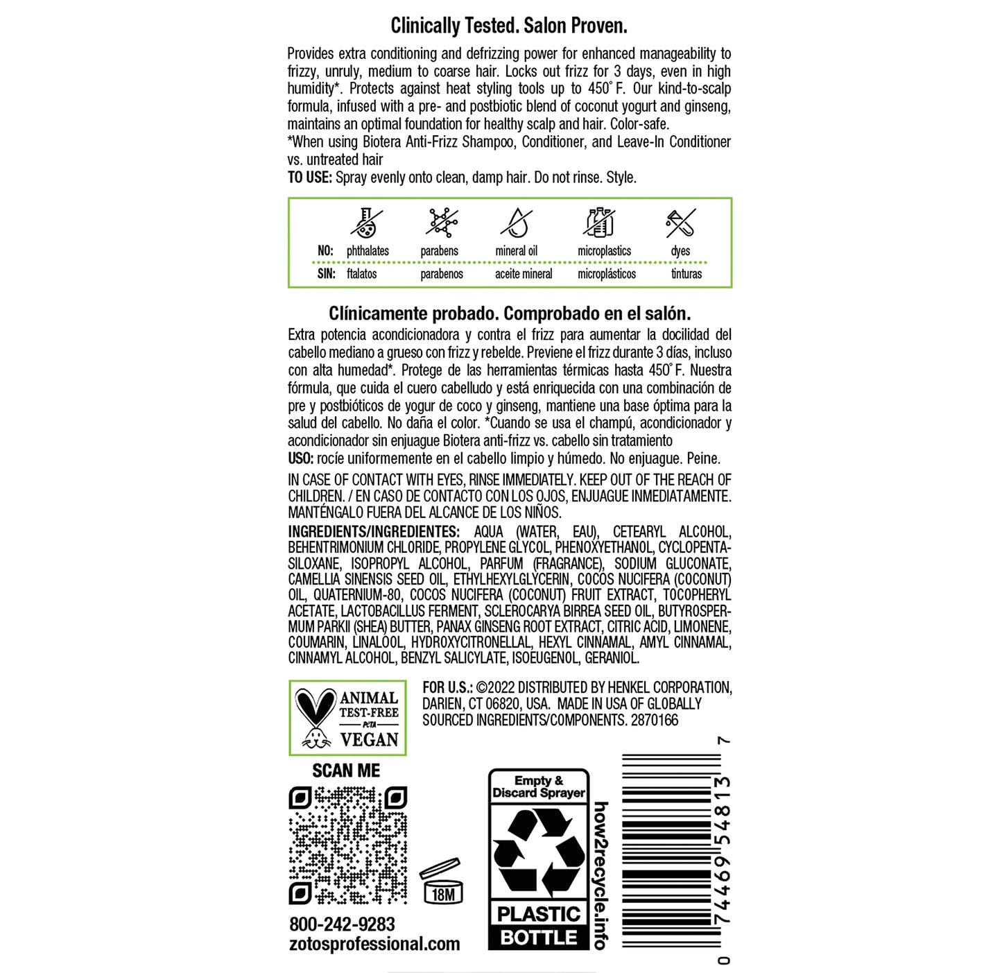 BIOTERA Anti Frizz Intense Smoothing Leave-in Conditioner | Extra Conditioning & Defrizzing | Frizzy or Unruly Hair | Vegan & Cruelty Free | Paraben Free | Color-Safe