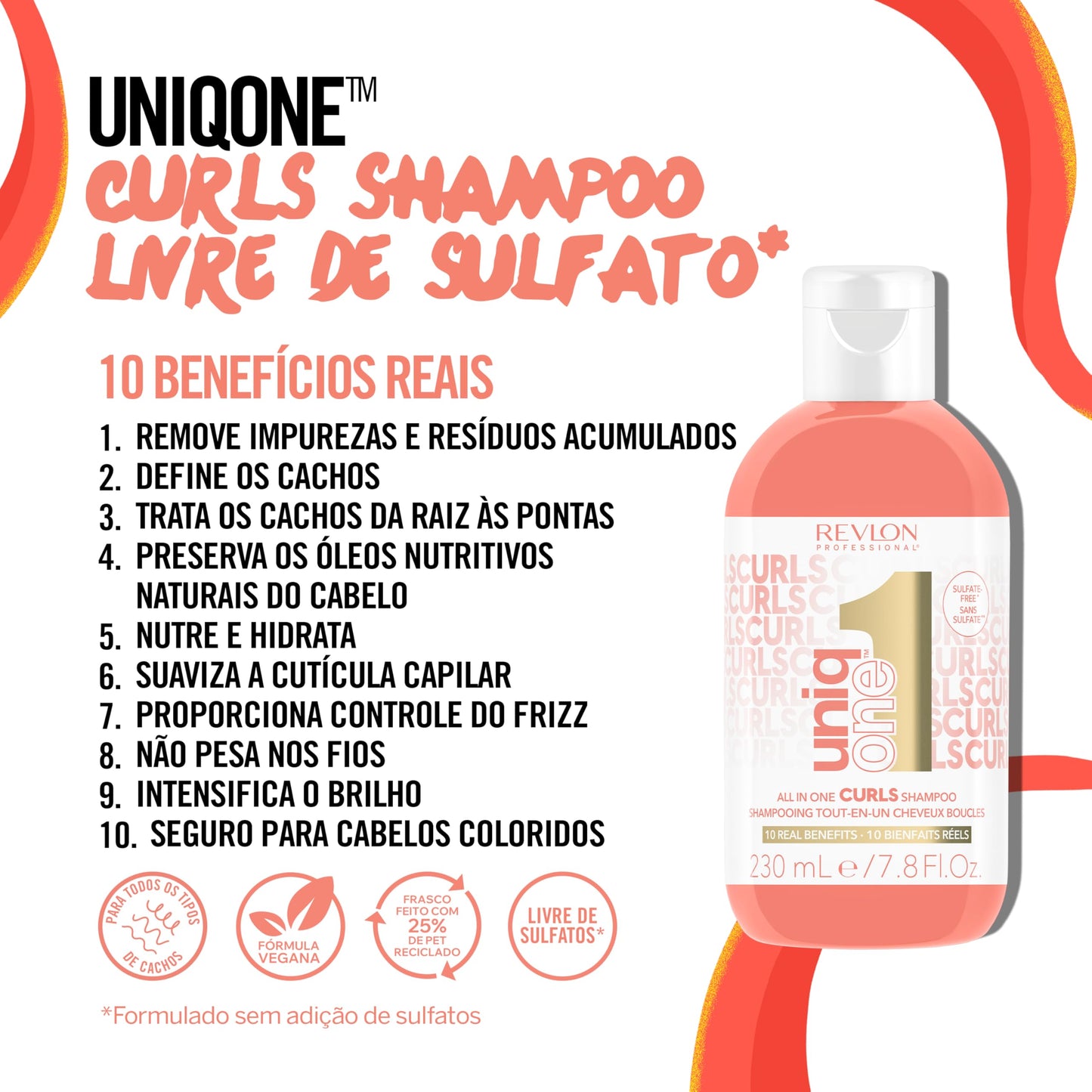 REVLON PROFESSIONAL UniqOne Curls Shampoo, 10-in-1 Sulfate-Free Formula for Curly Hair, Curl Defining, Controls Frizz, Hydrates, Color Safe & Vegan, 7.7 fl oz