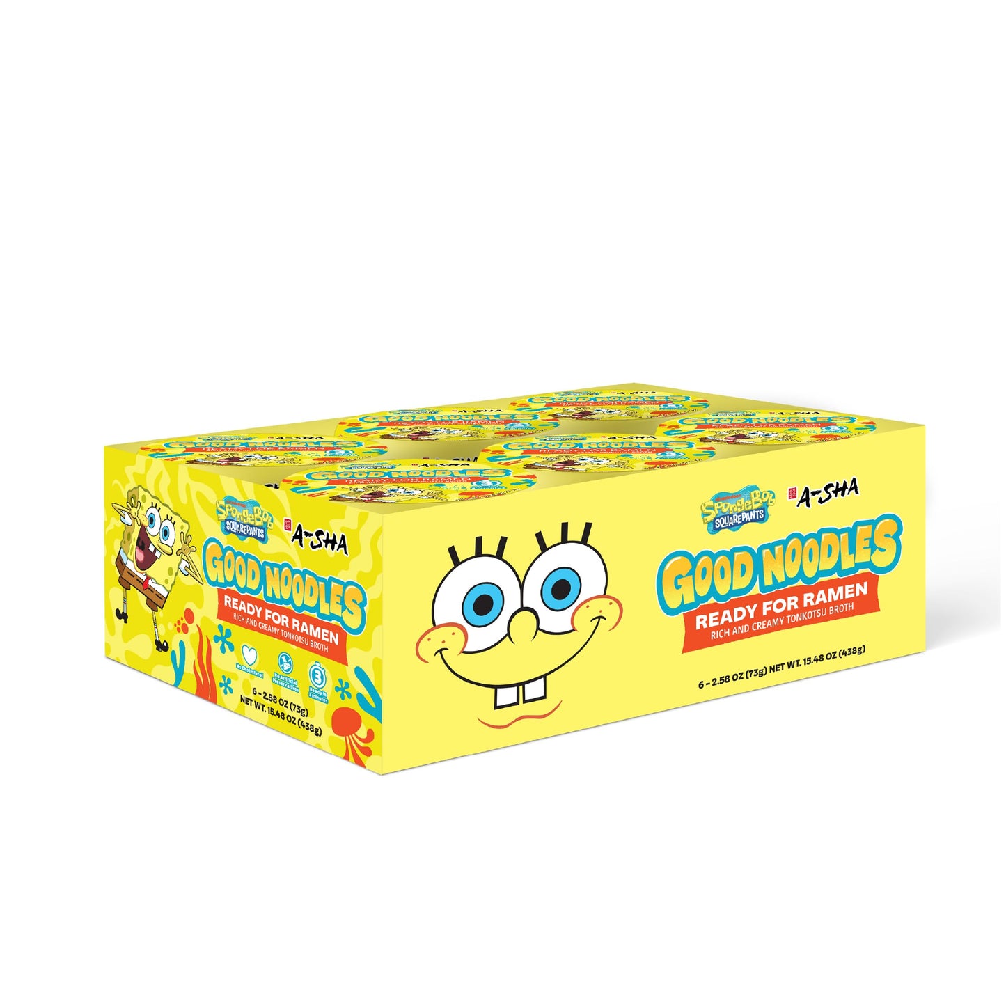 A-Sha & SpongeBob Squarepants Good Noodles (6 Pack) | Ready for Ramen (Mildly Spicy Flavor) | Rich and Creamy Tonkotsu Broth | Better For Your Microwaveable Ramen Soup Mix