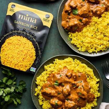 Mina Saffron Rice, Yellow Rice, With Extra Virgin Olive Oil, Ready to Eat Rice Pilaf, Side Dishes, Microwave Rice, Vegan Protein, Non-GMO, Gluten-Free, Kosher, 8 oz (Pack of 6)