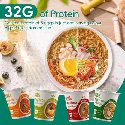 VOLO VERO High Protein (32g) Ramen Noodles Cup Variety Pack, Plant-Based, Non-Fried, Vegan, Low Fat | Chicken, “Spicy” Beef, Kimchi, Curry Flavors | 6-Packs, Quick Healthy Asian Meal