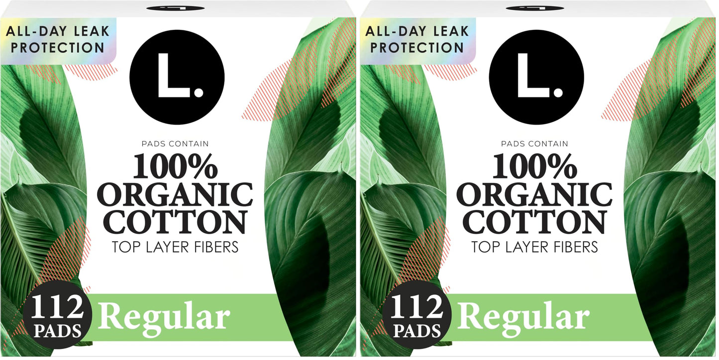 L. Ultra Thin Pads for Women, Regular Absorbency, Organic Cotton Top Layer, Unscented Pads with Wings,112 Count (Pack of 2)