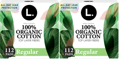 L. Ultra Thin Pads for Women, Regular Absorbency, Organic Cotton Top Layer, Unscented Pads with Wings,112 Count (Pack of 2)