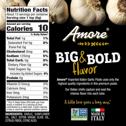Amore Crowd Favorite - Garlic Paste (3.2oz) & Tomato Paste (4.5oz) in a Tube, Vegan, Non GMO Verified (Variety 2 Pack)