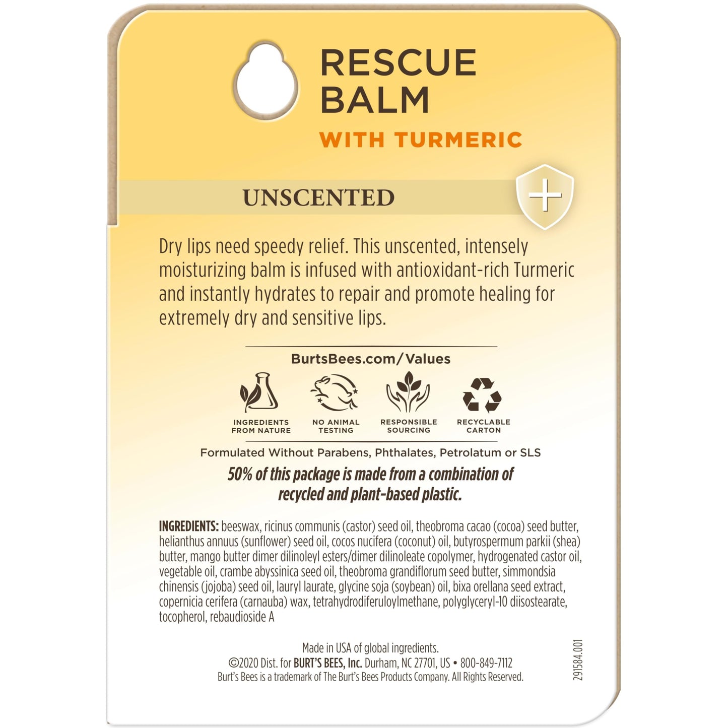Burt's Bees Rescue Balm Unscented Lip Balm, With Antioxidant-Rich Turmeric, Tint-Free, Natural Origin Lip Care, 2 Tubes, 0.15 oz.