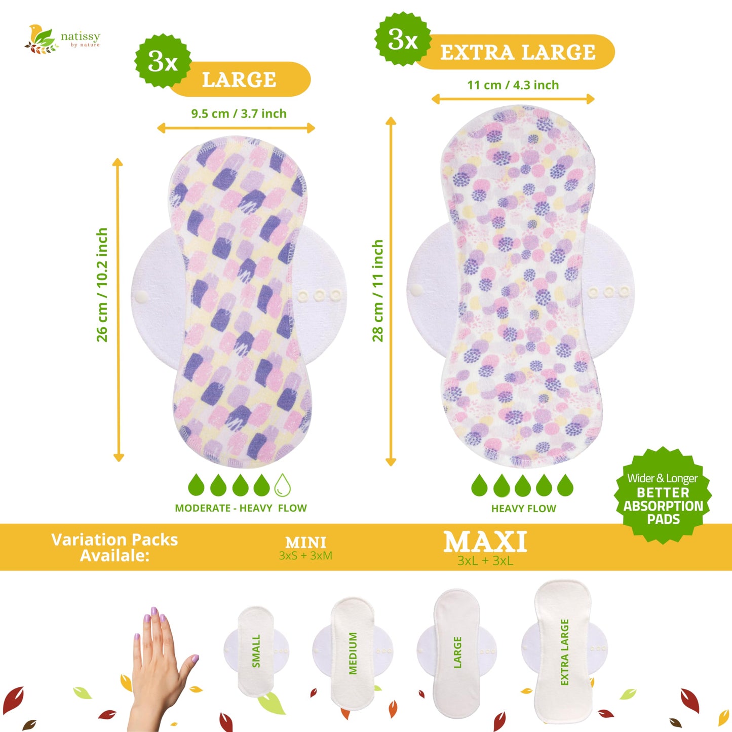 Non Slip Reusable Pads Menstrual Heavy Flow 6-Pack (L+XL) Organic Cotton Cloth Menstrual Pads & Non Slip Reusable Panty Liners for Women 7-Pack (M) Panty Liner Washable for Women & Teens