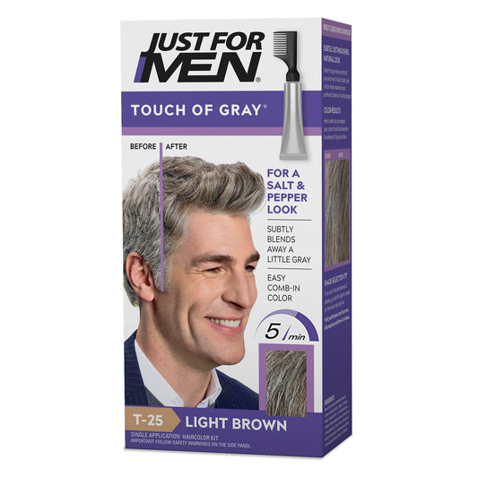 Just For Men Touch of Gray, Mens Hair Color Kit with Comb Applicator for Easy Application, Great for a Salt and Pepper Look - Light Brown, T-25, Pack of 1