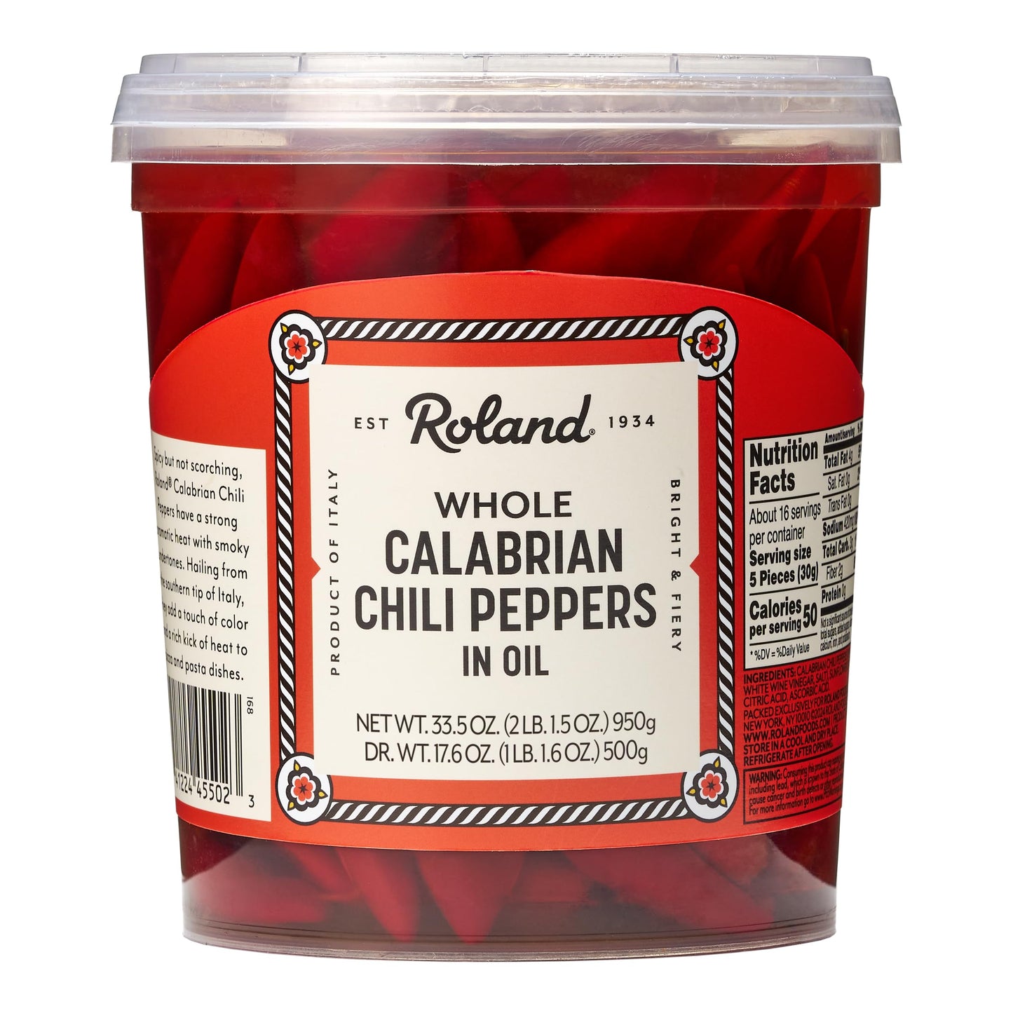Roland Foods Whole Calabrian Chili Peppers in Oil, Specialty Imported Food, 33.5 Ounce, Pack of 1