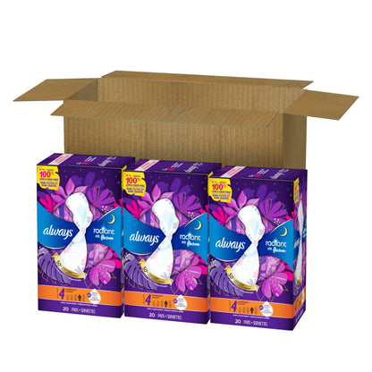 Always Radiant Feminine Pads for Women, Flexfoam Pads with Wings, Size 4, Overnight Absorbency, Lightly Scented, 60 Count (3 Packs of 20)