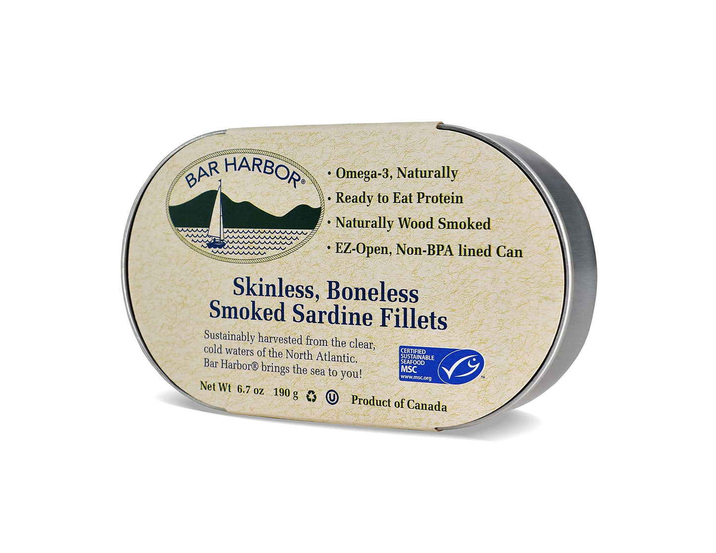 Bar Harbor Skinless & Boneless Smoked Sardine Fillets, 6.7 oz (190g) | Naturally Wood Smoked | Excellent Source of Protein | EZ-Open BPA-NI Can | Product of Latvia