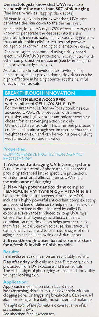 La Roche-Posay Anthelios AOX Daily Antioxidant Serum with SPF, Face Moisturizer with Sunscreen and Vitamin C & E, Oil Free Face Sunscreen for Sensitive Skin, Moisturizing Sun Protection