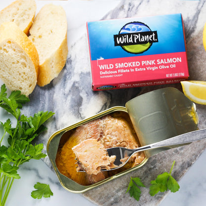 Wild Planet Wild Smoked Pink Salmon Fillets in Extra Virgin Olive Oil, Tinned Fish, Canned Salmon, Sustainably Wild-Caught, Non-GMO, Keto and Paleo, 3.9 oz, pack of 12