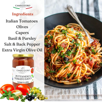 CAMPO D'ORO - Italian Puttanesca Tomato Sauce, 24 oz, Italian Homemade style Pasta Sauce, Spaghetti Sauce from Italy.