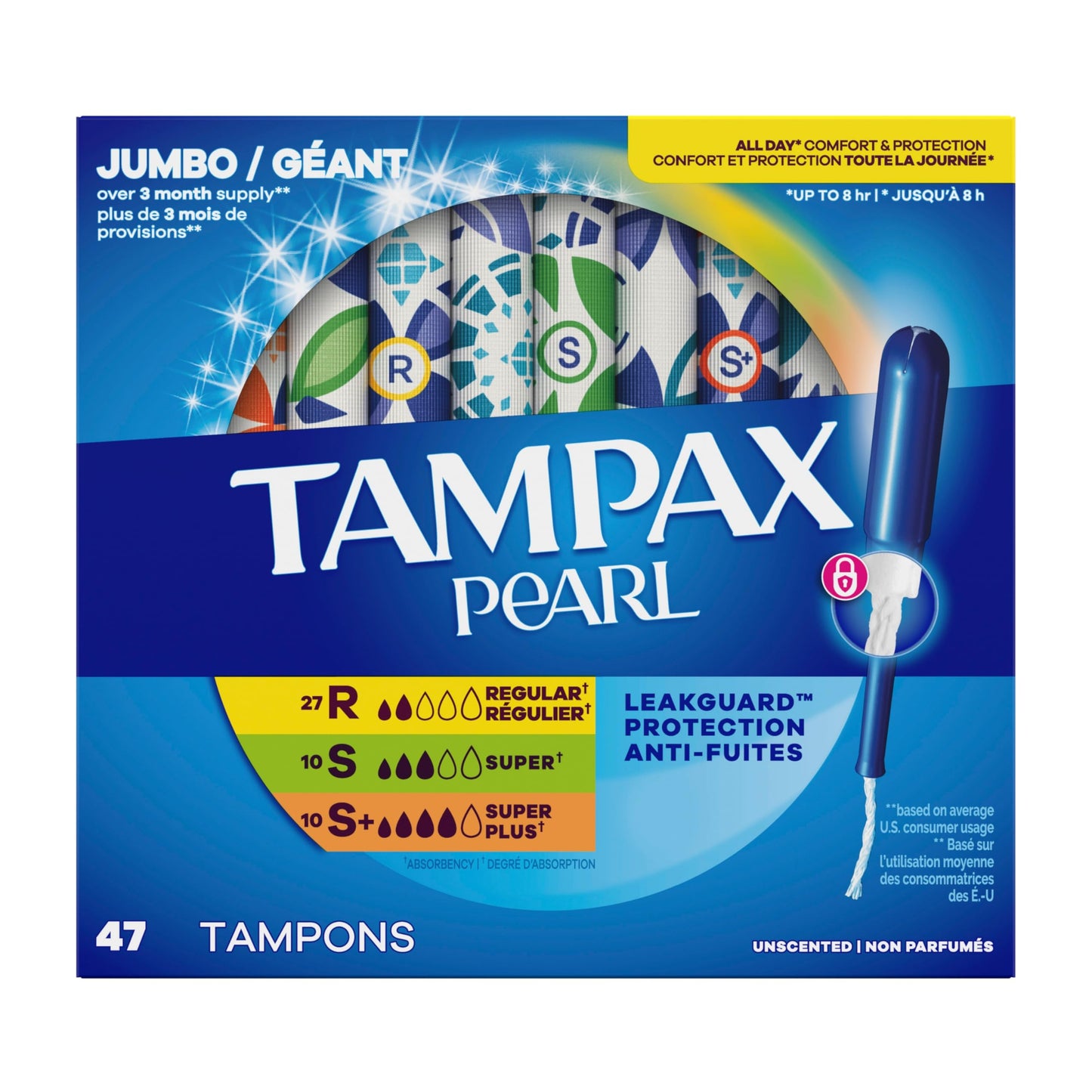 Tampax Pearl Tampons for Women Multipack, with LeakGuard Braid, Regular/Super/Super Plus Absorbency, Unscented, 47 Count