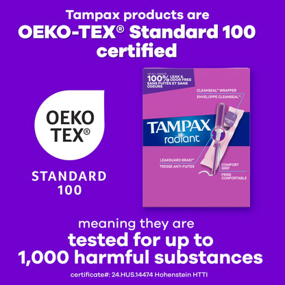 Tampax Radiant Tampons, with LeakGuard Braid, Super Plus Absorbency, Unscented, 28 Count