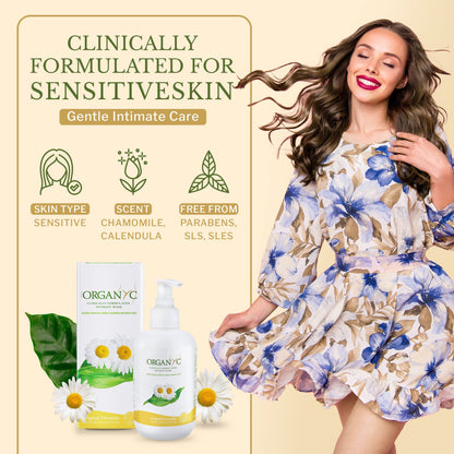 Organyc - Feminine Intimate Wash for Sensitive Skin - Free from Chlorine, Parabens, SLSSLES, and Synthetic Perfumes - 8.5 Fl Oz with Chamomile +Tea-Tree + Lavender
