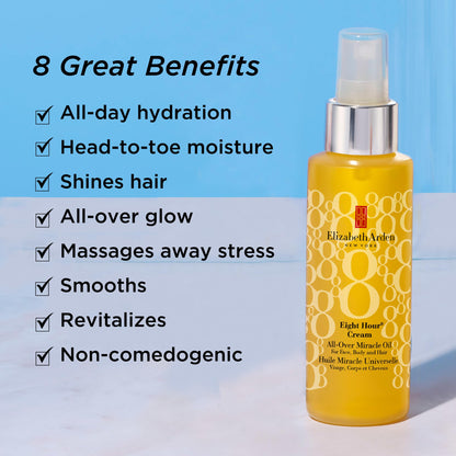 Elizabeth Arden Eight Hour All-Over Miracle Oil, Hydrating Spray Moisturizer for Face, Body & Hair, Vitamin E & Tsubaki Oil, Non-Comedogenic, Lightweight, 3.4 oz