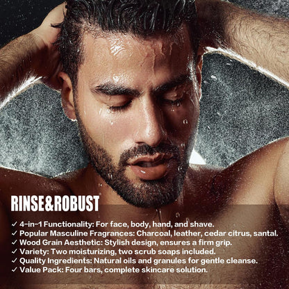Rinse & Robust Bar Soap for Men - 4Pcs Exfoliating & Moisturizing 4-in-1 Cleansing Bar Set for Face, Body, Hands & Shave | All Skin Types | Luxury Fathers Day Gift Set(4 x 5.3 oz)