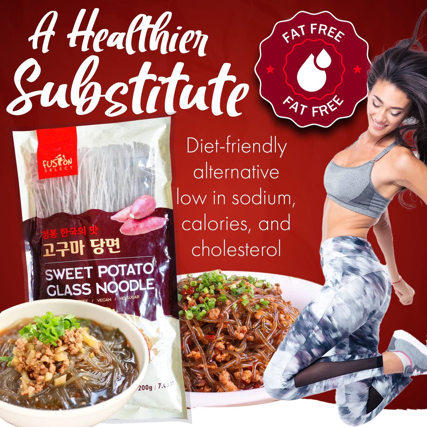Fusion Select 2 Packs Sweet Potato Glass Noodles - Zero-Fat, Low-Calorie, No-Sodium Diet-Friendly, Gluten-Free, Vegan, Stir-Fry, Dumplings, Hot Pot - For Chinese, Korean Recipes - 7.05oz