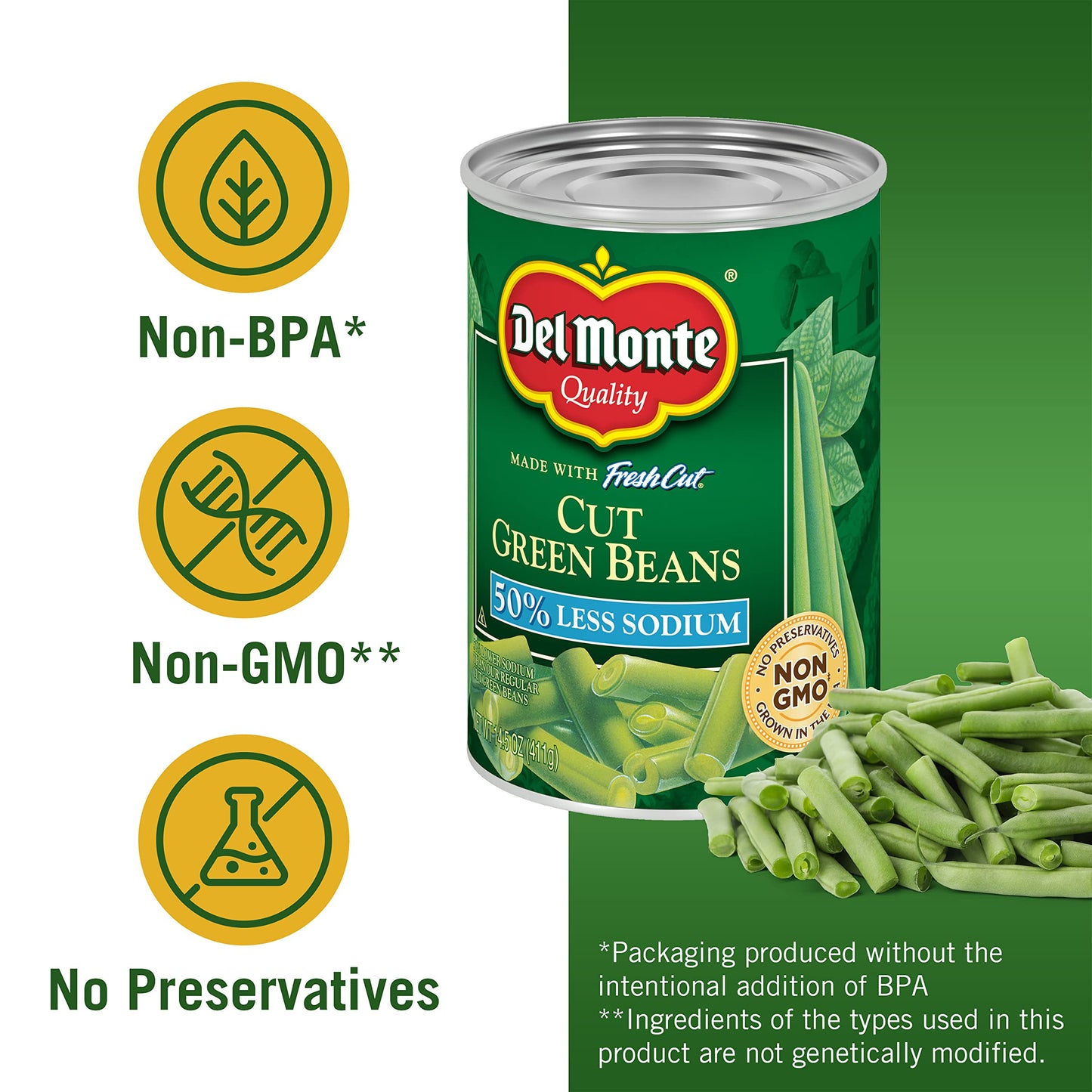 DEL MONTE FRESH CUT BLUE LAKE 50% Reduced Sodium Cut Green Beans, Canned Vegetables, 12 Pack, 14.5 oz Can