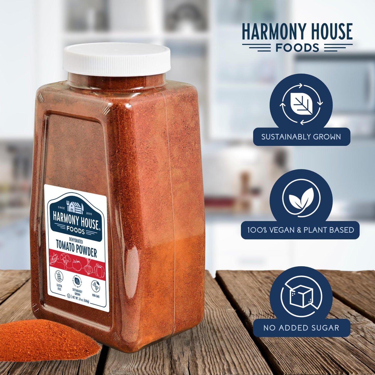 Premium Dehydrated Tomato Powder, 24 oz Size Quart Jar - From Harvest Red Tomatoes by Harmony House Foods