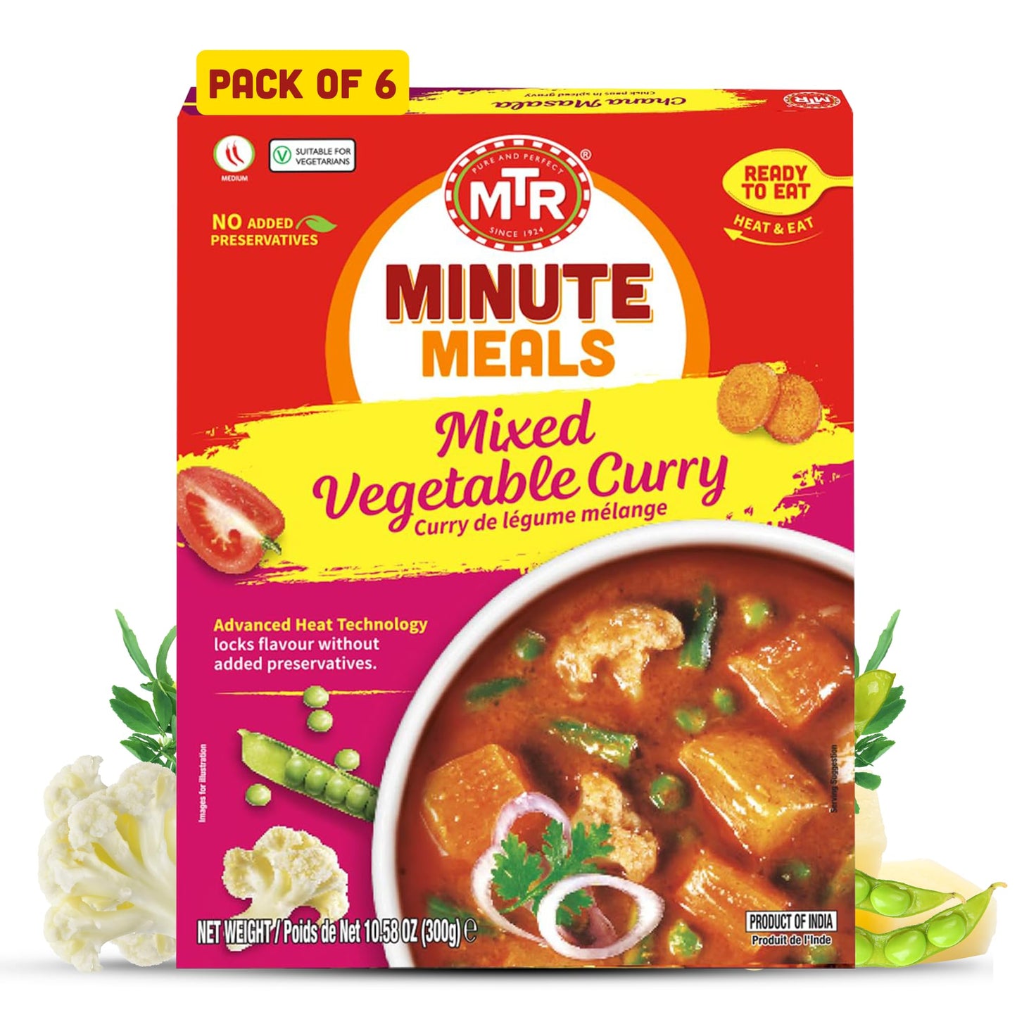 MTR - Minute Meals: Flavorful Mixed Vegetable Curry - Authentic Indian Ready-to-Eat Meal with No Added Preservatives - A Quick Meal Suitable for Vegetarians, Ready in Minutes! (Pack of 6)