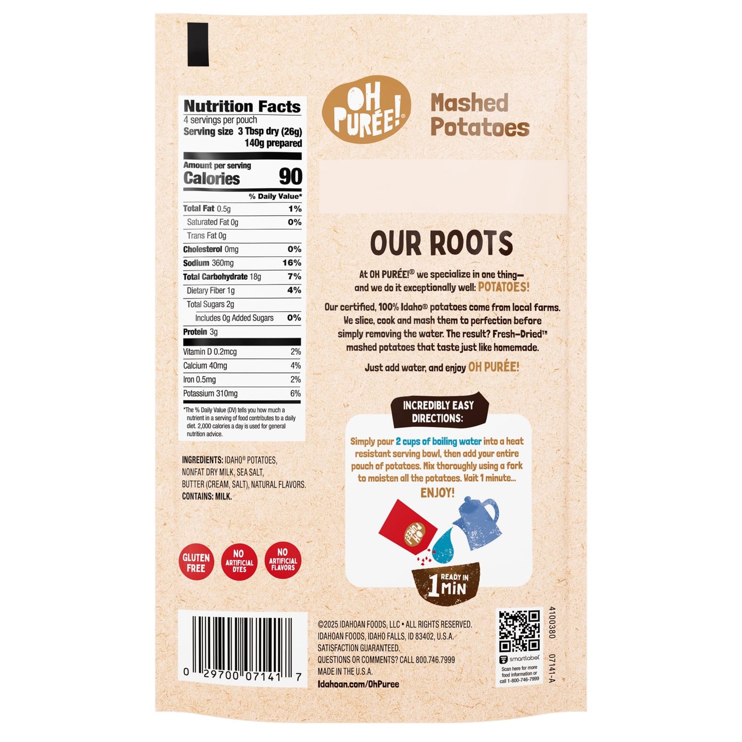 OH PURÉE! Buttery Mashed Potatoes, 4-servings, 3.6oz (Pack of 12), Gluten Free; Dairy Kosher; Vegetarian; No Artificial Flavors; No Artificial Colors; Made with 100% REAL Idaho Potatoes