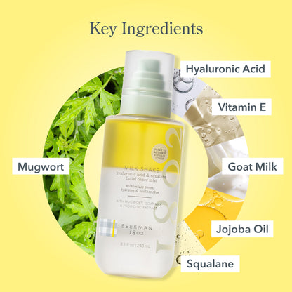 Beekman 1802 Milk Shake Hydrating Face Mist – Setting Spray & Milky Toner with Hyaluronic Acid & Squalane – Facial Toner & Face Spray – Lightweight Hydration, Minimizes Pores, Fragrance Free 8.1 Fl Oz