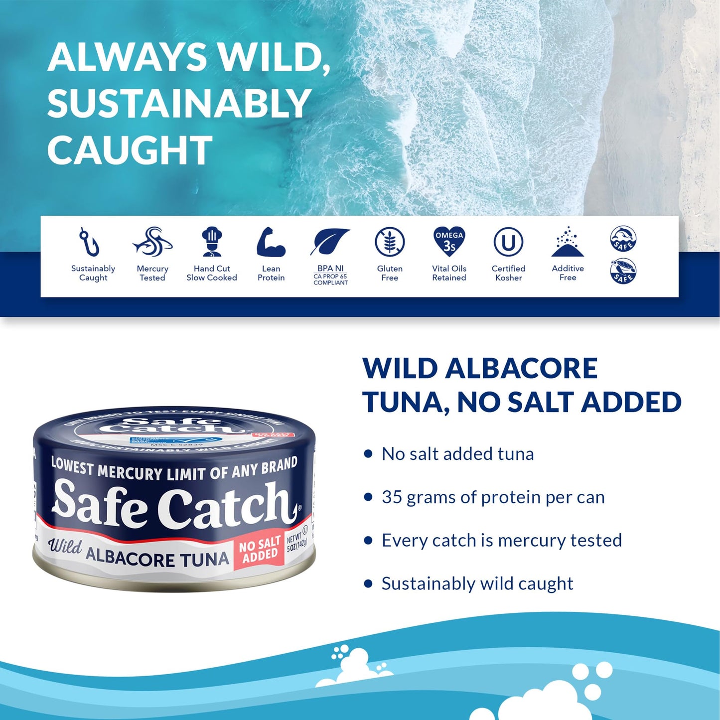 Safe Catch Canned Lowest Mercury Limit Albacore Tuna Fish No Salt Added, Wild Caught, Gluten-Free, Kosher, Keto, 5oz Can, 6-Pack