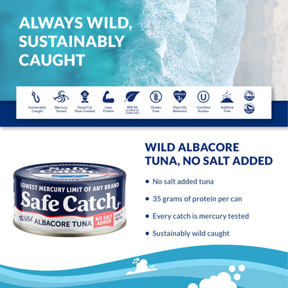 Safe Catch Canned Lowest Mercury Limit Albacore Tuna Fish No Salt Added, Wild Caught, Gluten-Free, Kosher, Keto, 5oz Can, 6-Pack
