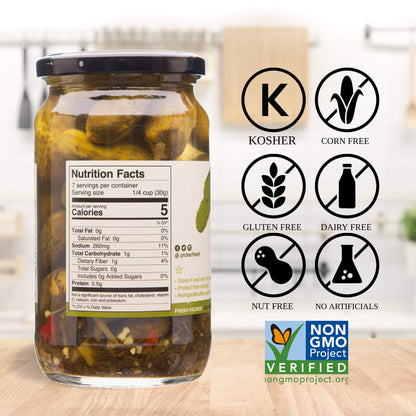 Pickerfresh Kosher Baby Dill Pickles, Petite Dills - Garlic, Dill & Red Pepper Cornichons - Simple Ingredients - Non-GMO, No Artificial Color & No Preservatives - 16 oz (3 Pack)