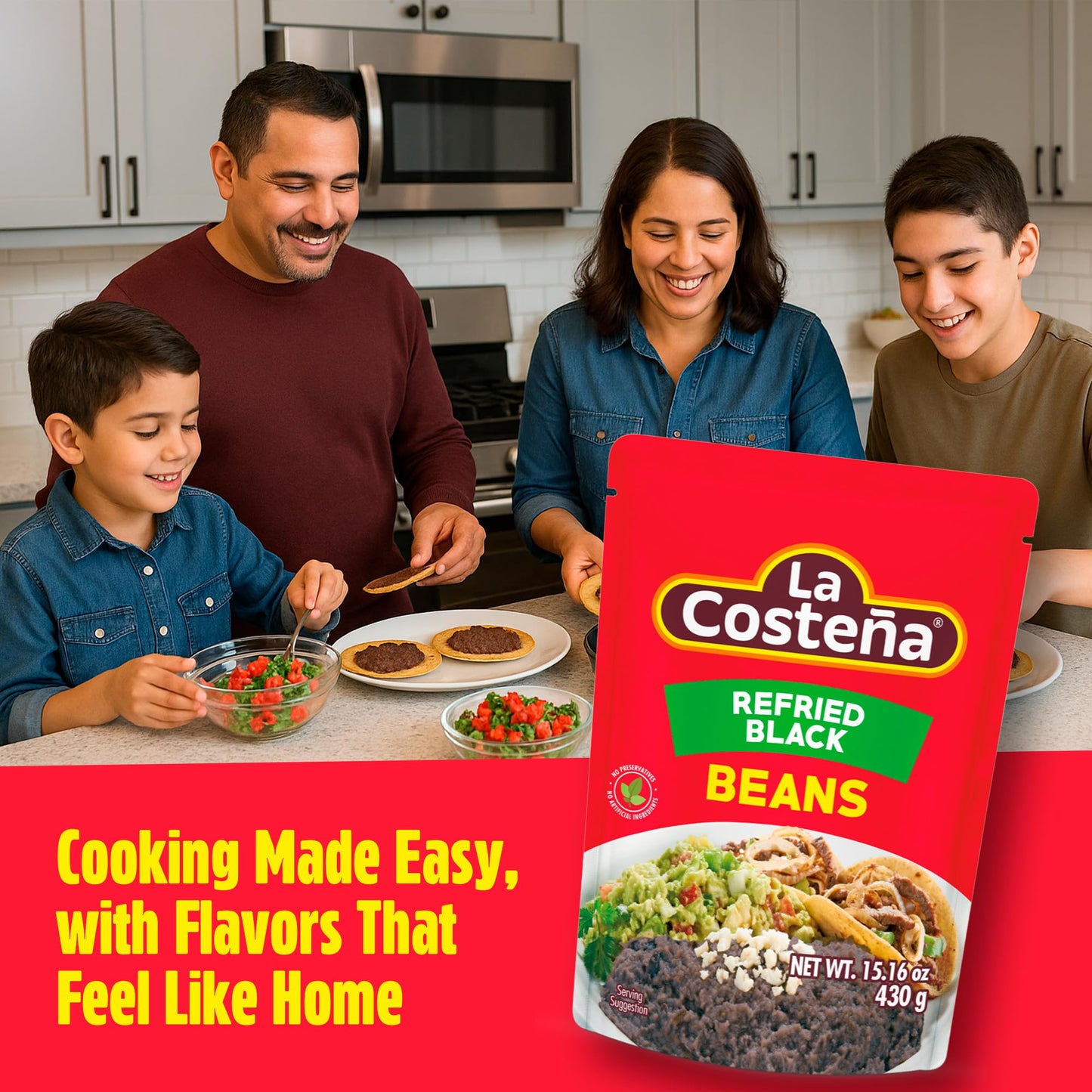 La Costeña Refried Black Beans - 60 Second Microwave Ready to Eat Meals for Mexican Food, Mexican Rice, Nacho Bean Dip, Bean Burrito, Burger, Carne Asada, Fajita & Taco Seasoning - 15.16oz, 8 Pack