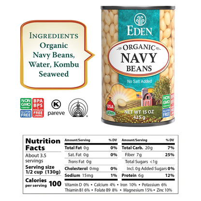 Eden Organic Navy Beans/White Beans, 15 oz Can (12-Pack), No Salt, Non-GMO, Gluten Free, Vegan, Kosher, U.S. Grown, Heat and Serve, Macrobiotic, Boston Bean