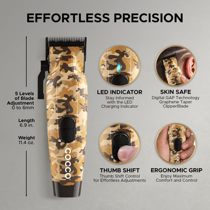 Cocco Hyper Veloce Pro Clipper, Digital Gap Ambassador Graphene Taper Blade Professional Hair Clippers, High-Torque BLDC Motor, All-Metal, Cordless, Charging Station Included (Camo)