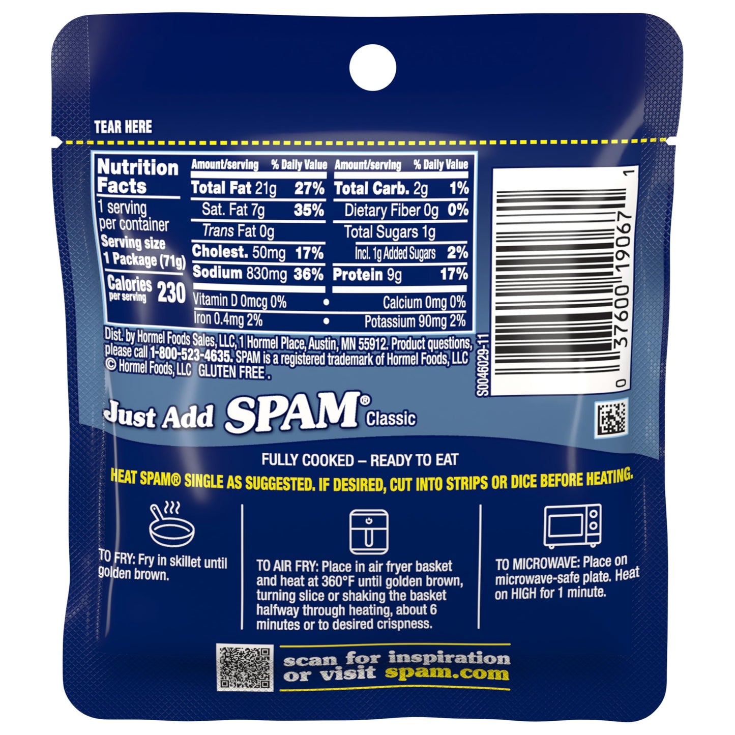 SPAM Classic Single, 9 Grams of Protein Per Serving, 2.5 oz Single Pouches, (12 Pack)