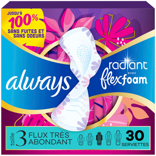 Always Radiant Feminine Pads for Women, Flexfoam Pads with Wings, Size 3, Extra Heavy Absorbency, Lightly Scented, 30 Count