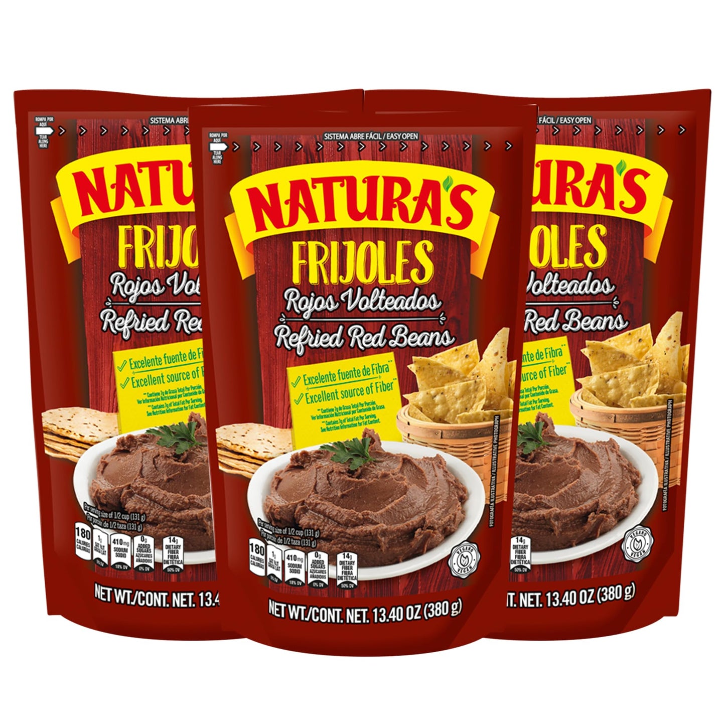 NATURA'S Refried Red Beans, Ready-to-Eat Vegetarian Refried Beans, Frijoles Rojos 13.40 oz Pouch (Pack of 3)
