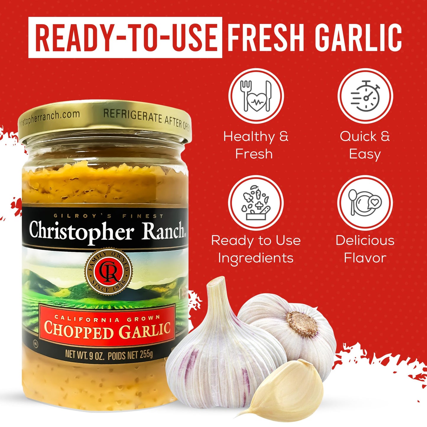 Christopher Ranch Chopped Garlic in Olive Oil, California-Grown Fresh, Ready-to-Use, Premium Quality, Gluten-Free, Vegan-Friendly, Pantry Essential, 9 oz Jar, 2-Pack