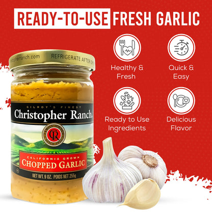 Christopher Ranch Chopped Garlic in Olive Oil, California-Grown Fresh, Ready-to-Use, Premium Quality, Gluten-Free, Vegan-Friendly, Pantry Essential, 9 oz Jar, 2-Pack