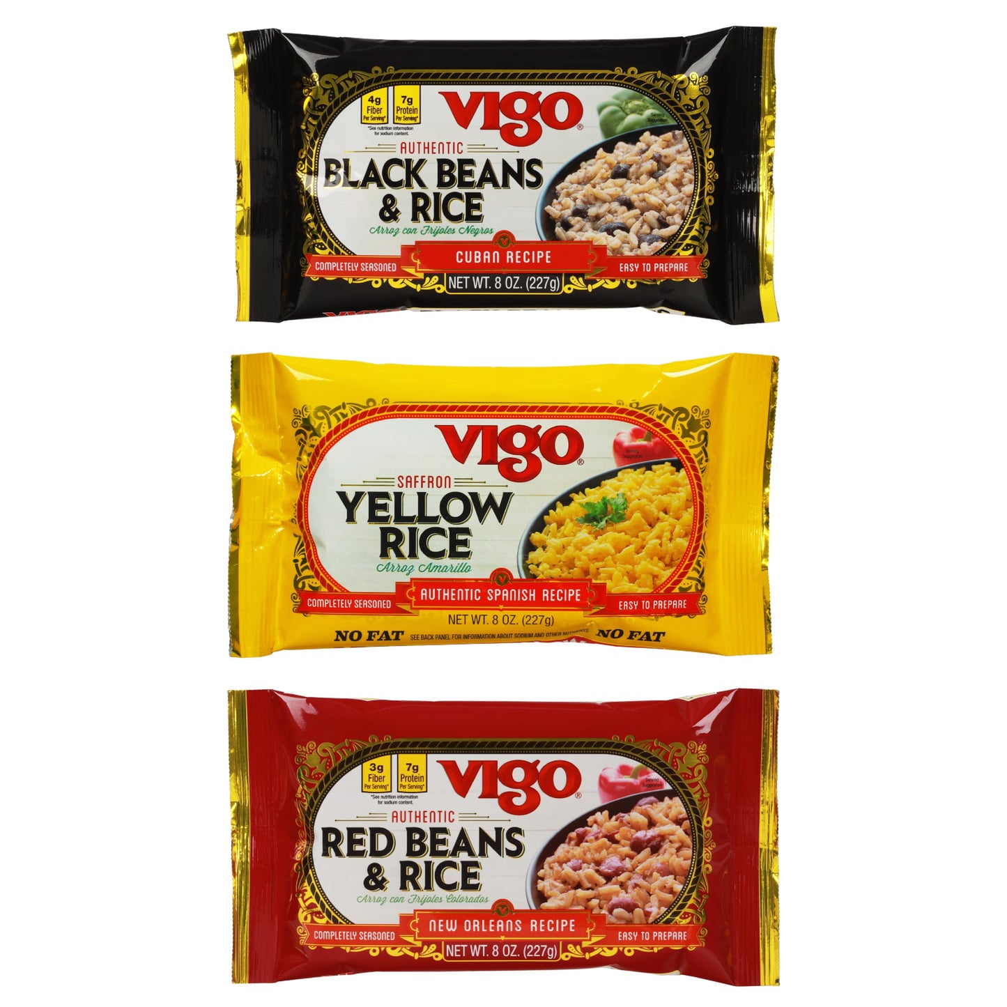Vigo Authentic Rice Variety Pack, Low Fat, 8oz Pack of 3 (Saffron Yellow Rice, Red Beans & Rice, and Black Beans & Rice)