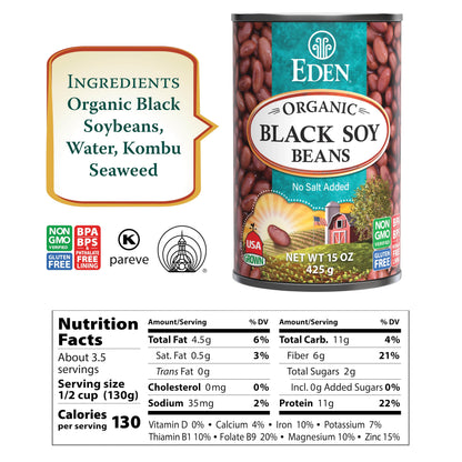 Eden Organic Black Soybeans, 15 oz Can (12-Pack), Complete Protein, No Salt, Non-GMO, Gluten Free, Vegan, Kosher, U.S. Grown, Heat and Serve, Macrobiotic, Soy Beans …