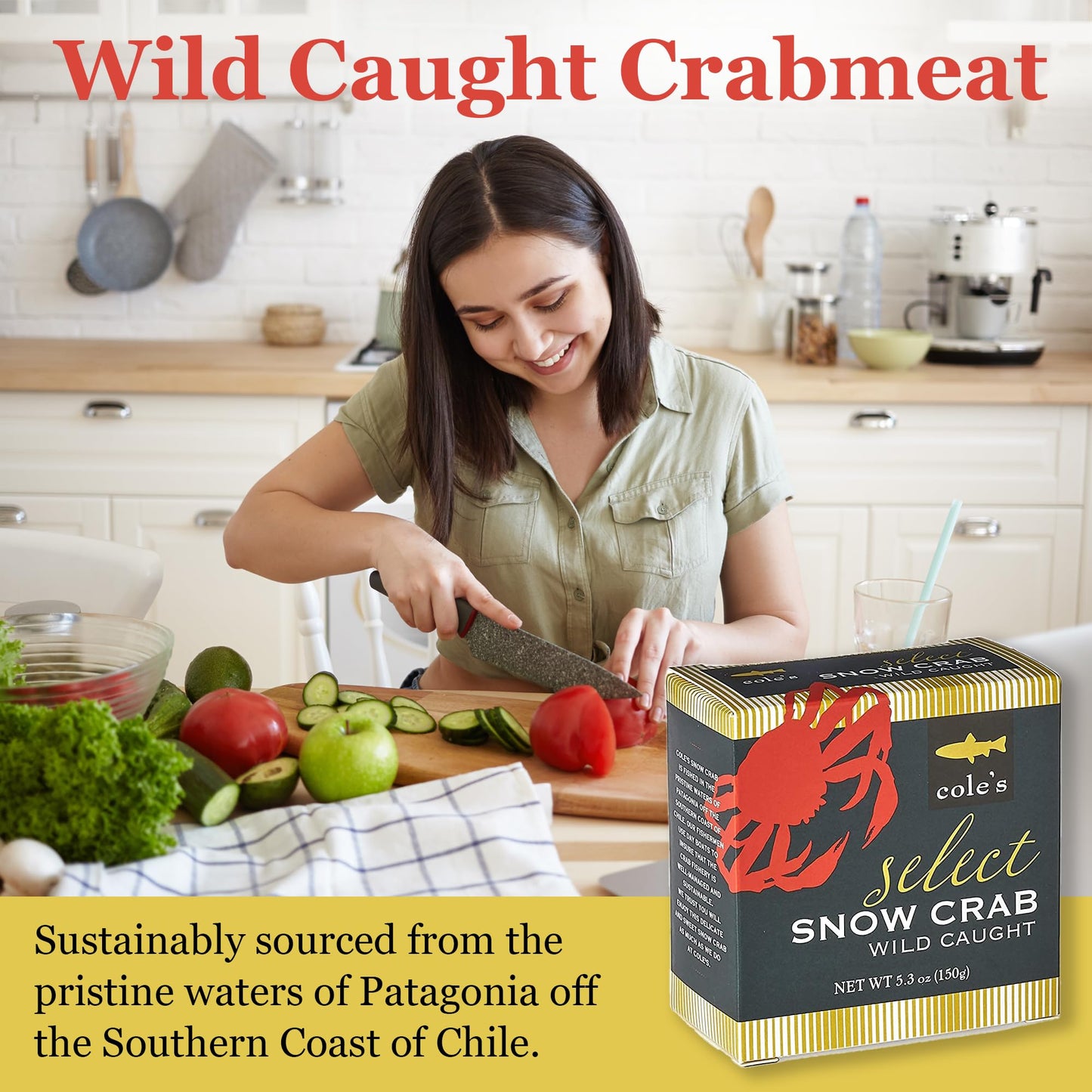 COLE'S Select Snow Crab Meat - Wild Caught from Patagonian Waters of Chile- High in Protein & Omega 3 Nutrients- No Preservatives - 5.3 oz Can- 1 Can