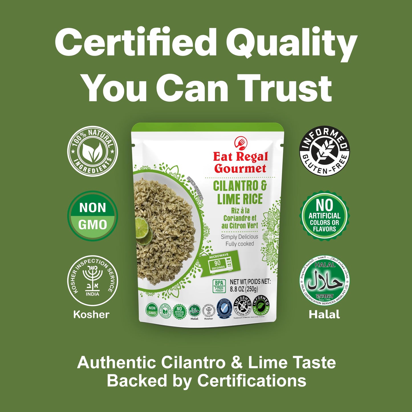 Eat Regal Cilantro & Lime Rice Ready to Eat in 1.5 Minutes Microwave Pouch, 7 Clean Non-GMO Ingredients, 6.6g Protein, No Clump & No Kneading, 8.8 oz – Shelf Stable Side Dish, 8.8oz Pack of 6