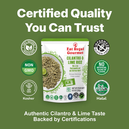 Eat Regal Cilantro & Lime Rice Ready to Eat in 1.5 Minutes Microwave Pouch, 7 Clean Non-GMO Ingredients, 6.6g Protein, No Clump & No Kneading, 8.8 oz – Shelf Stable Side Dish, 8.8oz Pack of 6