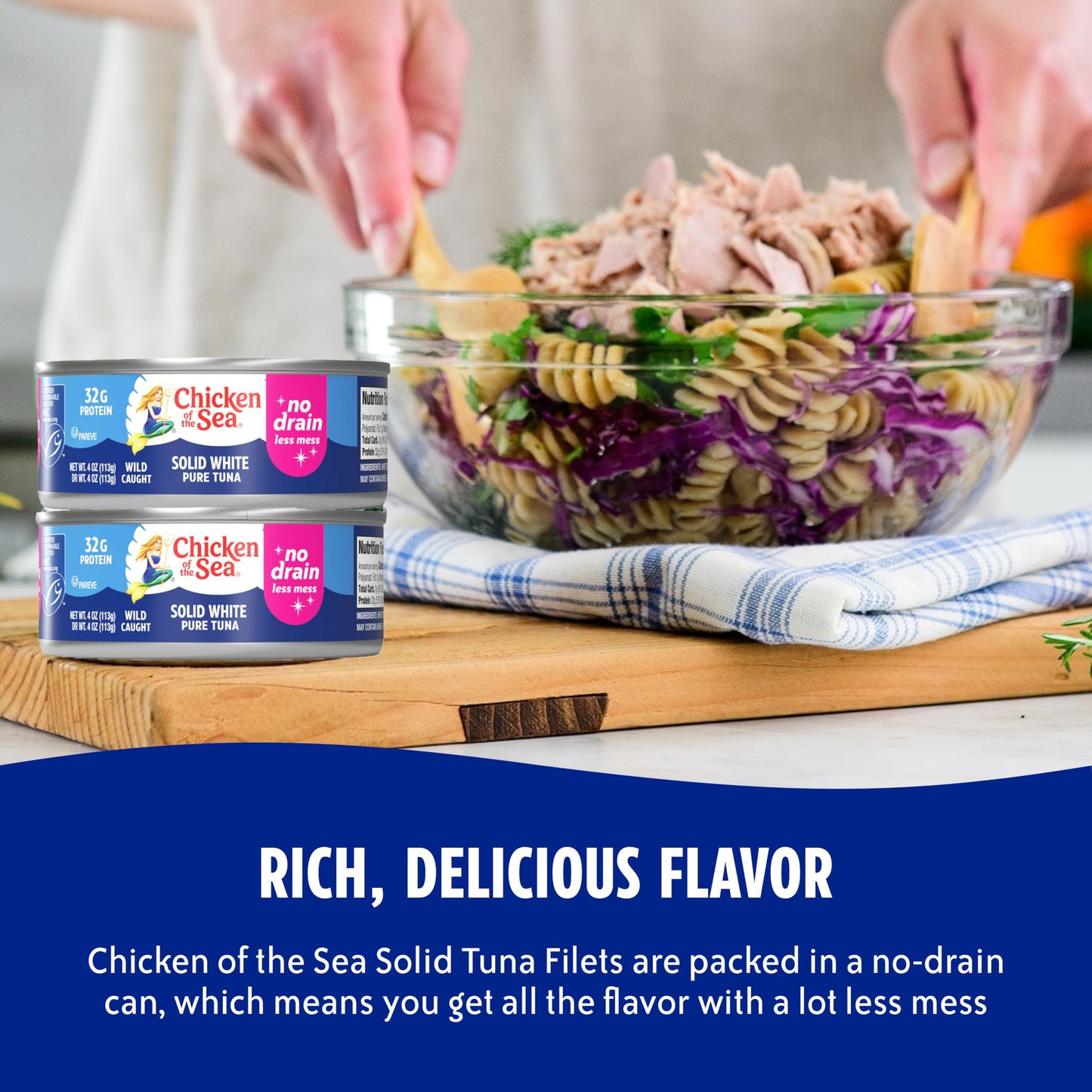 Chicken of the Sea Wild Caught Solid White Pure Albacore, No Drain, 4 oz Cans, 4-Count – High Protein 100% Classic Tuna in No Drain Can for Less Mess – Delicious, Easy, Nutritious Ready to Eat Meals