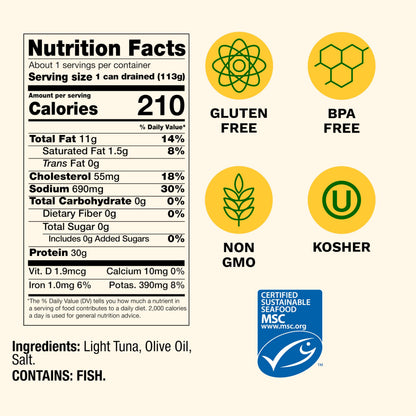 Cento Solid Pack Light Tuna in Olive Oil, 5 Oz (Pack of 24) High Protein, MSC Certified, Wild Caught, Packed Fresh, Canned Tuna Fish for Snacks, Salads, Meals - Gluten Free, Non-GMO, Kosher, BPA Free