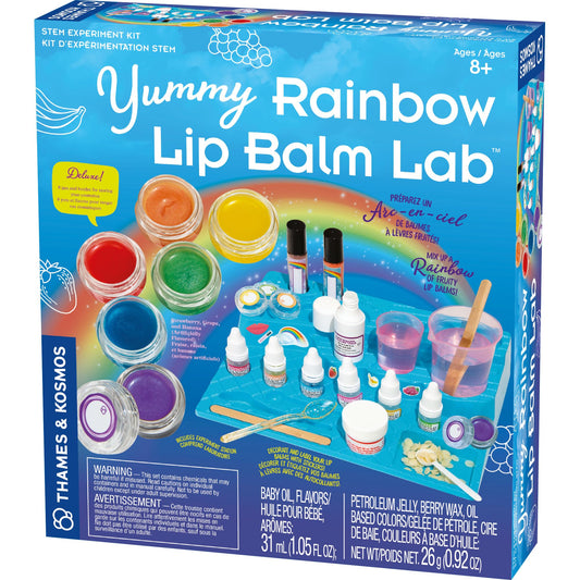 Thames & Kosmos Yummy Rainbow Lip Balm Lab STEM Kit | Make Lip Balms, Glosses | Strawberry, Grape, Banana Flavors & Cosmetic Jars | Chemistry & Biology of Skin Care | 2-Language (EN/FR)
