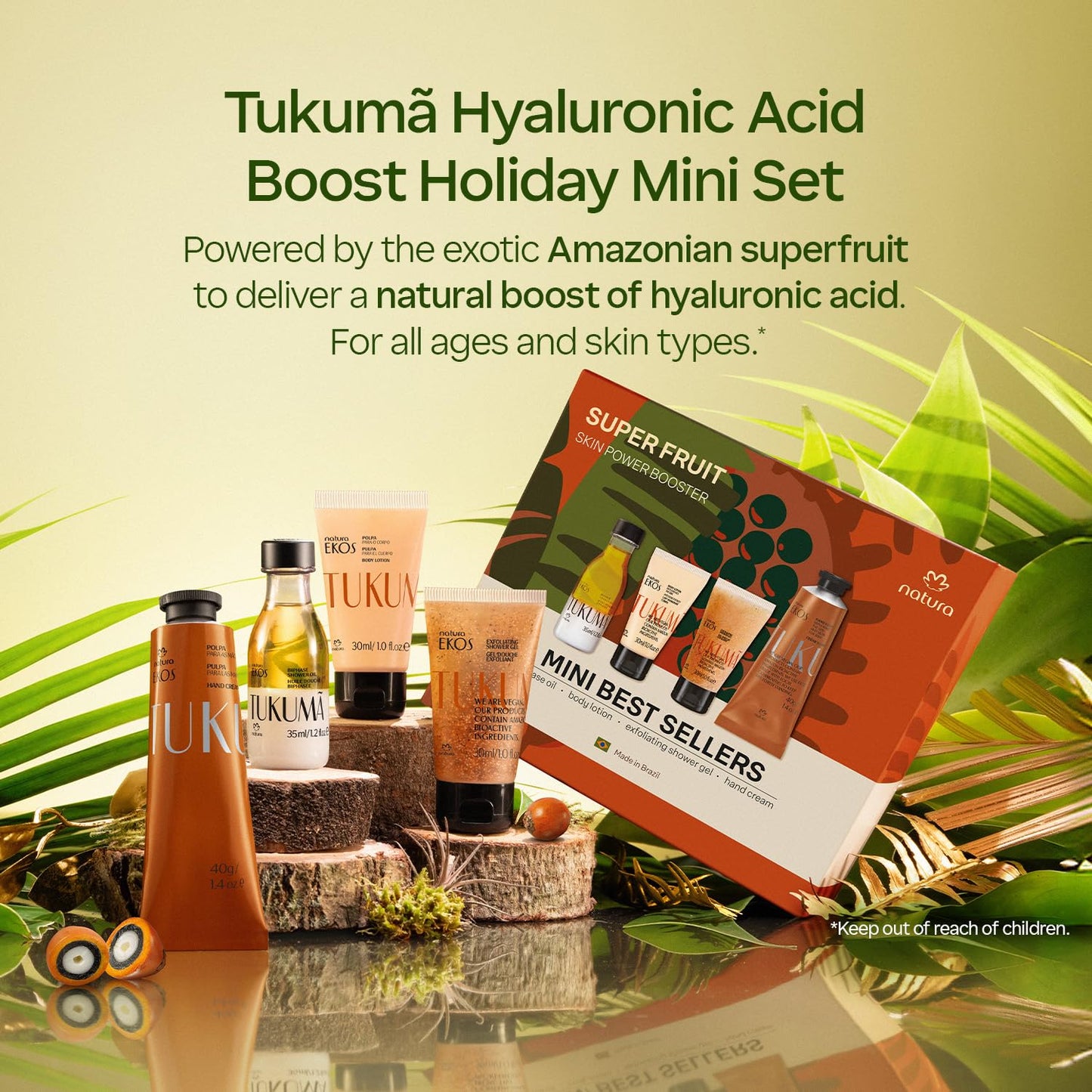 natura – Tukumã Hyaluronic Acid Boosting Brazilian Set (4 Travel Size Products) - Exfoliating Shower Gel, Biphase Shower Oil, Body Lotion and Hand Cream- Anti-Aging - Vegan Skin Care
